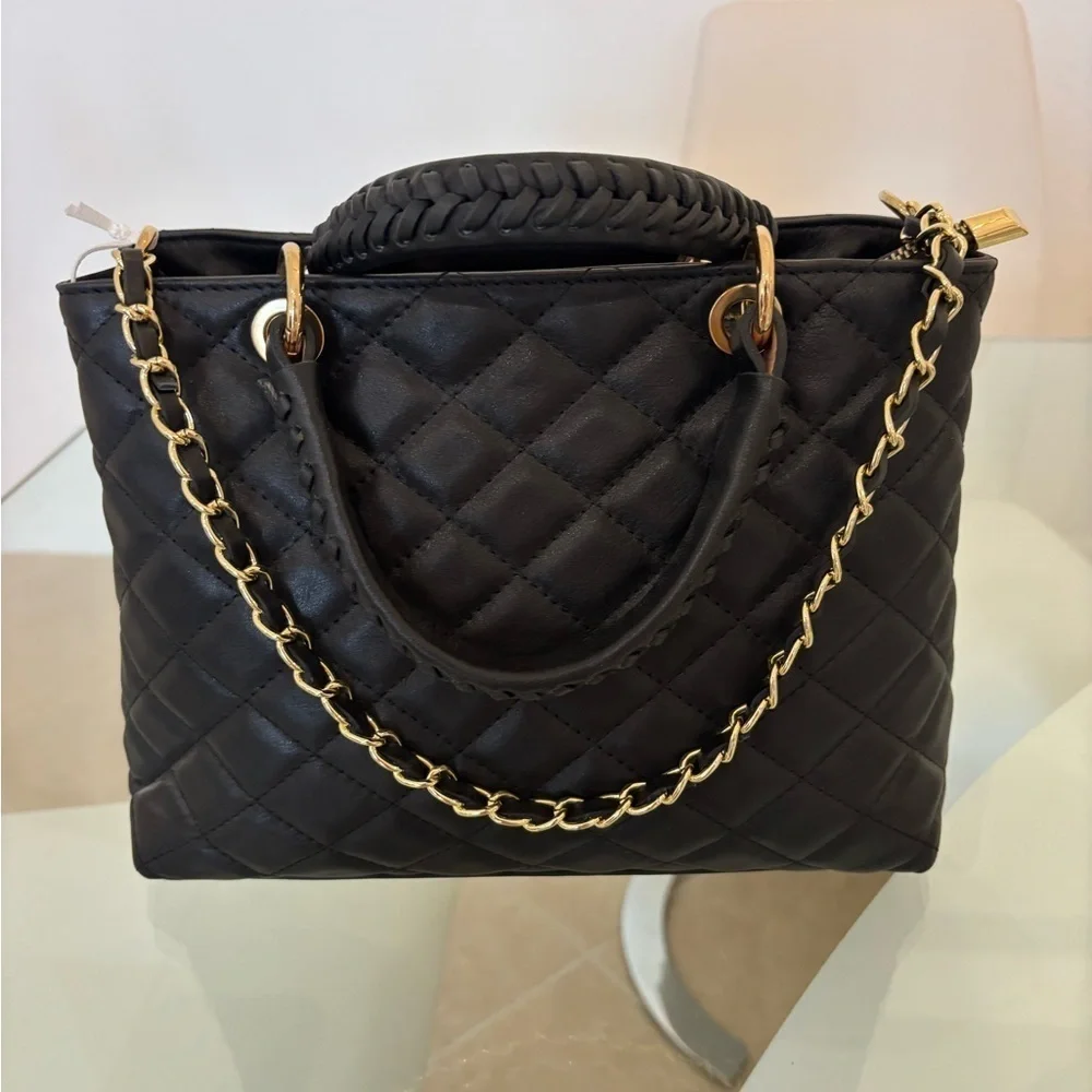 Black Quilted Leather Shoulder Bag with Gold Chain & Starp